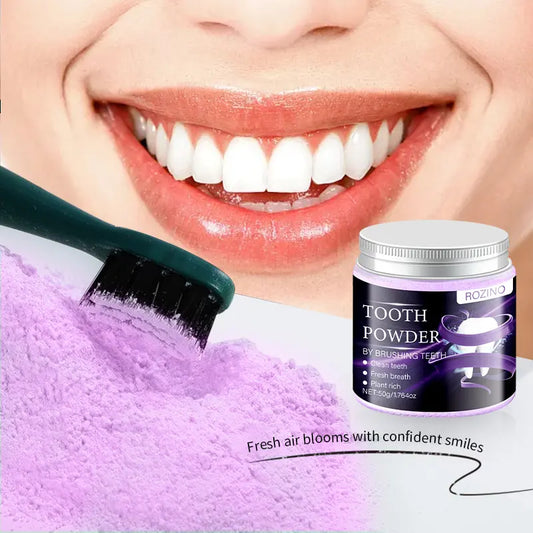 ROZINO - Polvo blanqueador de dientes morado con corrector de color, hidroxiapatita, eliminador de manchas y potenciador de pasta dental (50 g) para una mejor higiene bucal