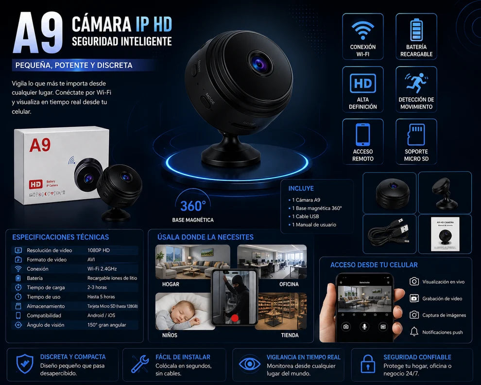 Paga 1 Lleva 2 Mini Camara Espia Vigilancia IP A9 Wi-Fi